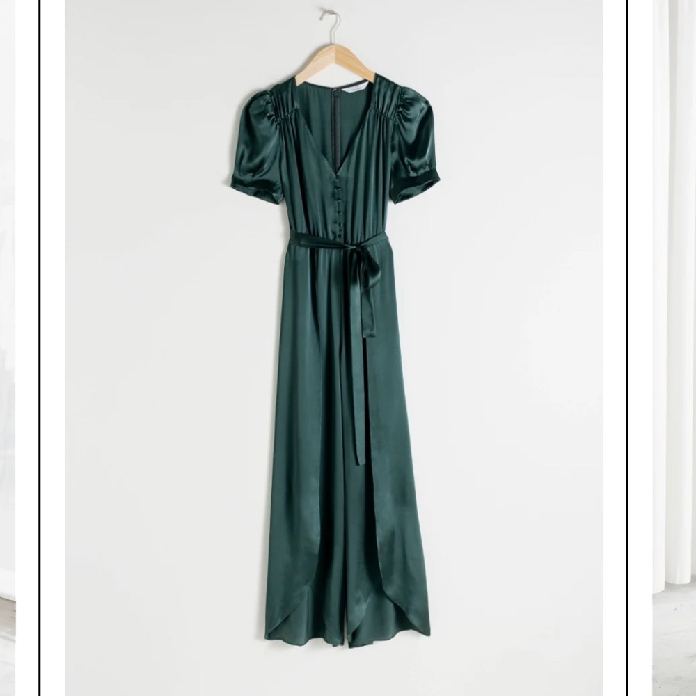 & Other Stories Capsule Silk Puff Sleeve Jumpsuit Emerald Green Size 2